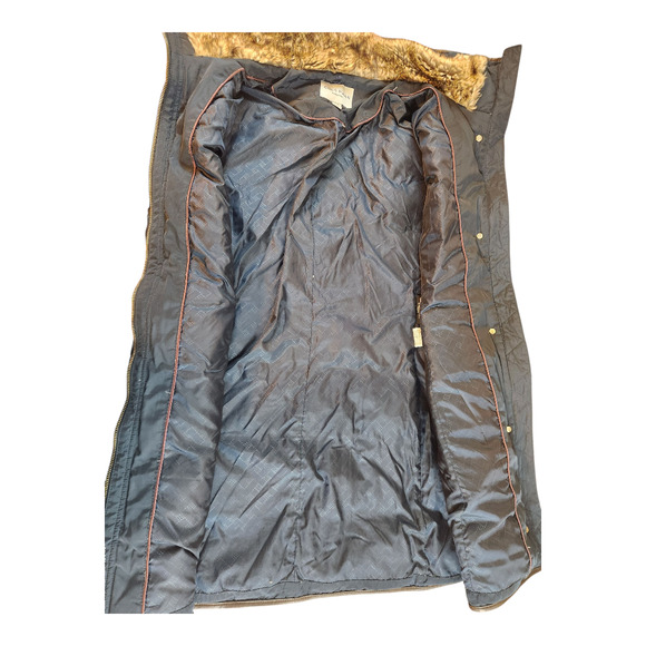 Cole Haan signature down feather puffer coat sz XL faux fur zip front navy brown - Picture 10 of 16